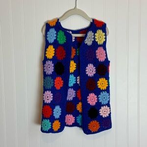 Vintage Crocheted Granny Square Vest - Blue 🌼